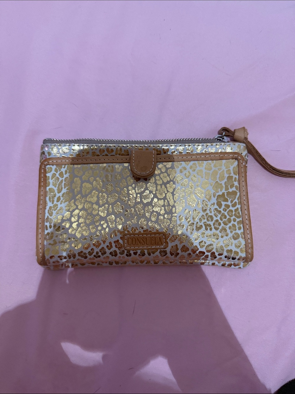 Consuela Metallic Gold Leopard Wristlet Wallet with Tan Trim